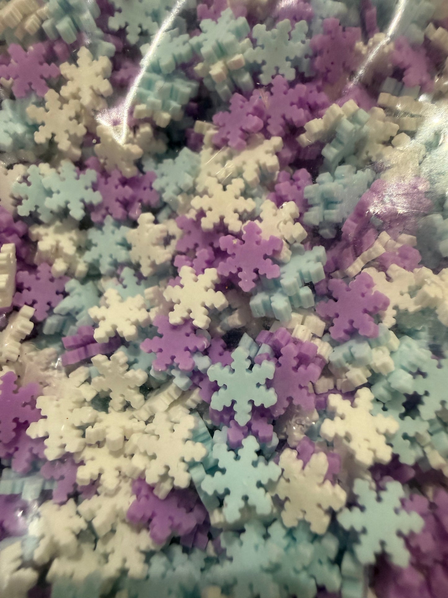 PURPLE BLUE, WHITE SNOWFLAKES, CLAY