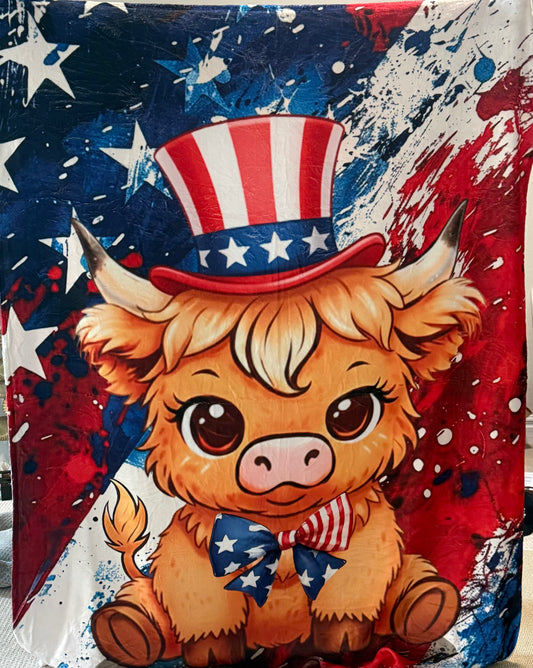 RED WHITE AND BLUE HIGHLAND COW
