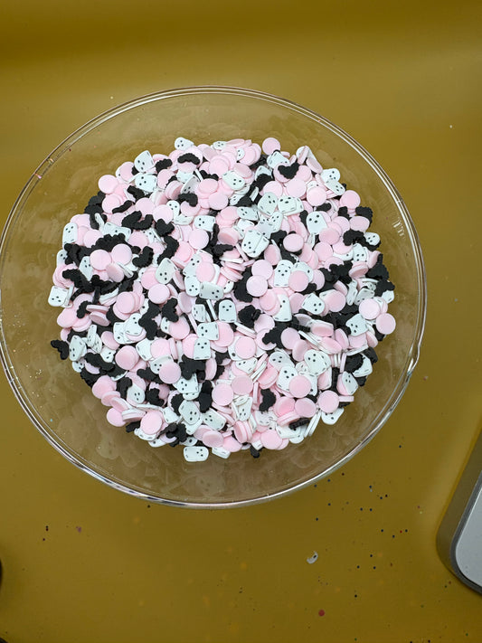 #1015 Ghosts  pink,white,black dots
